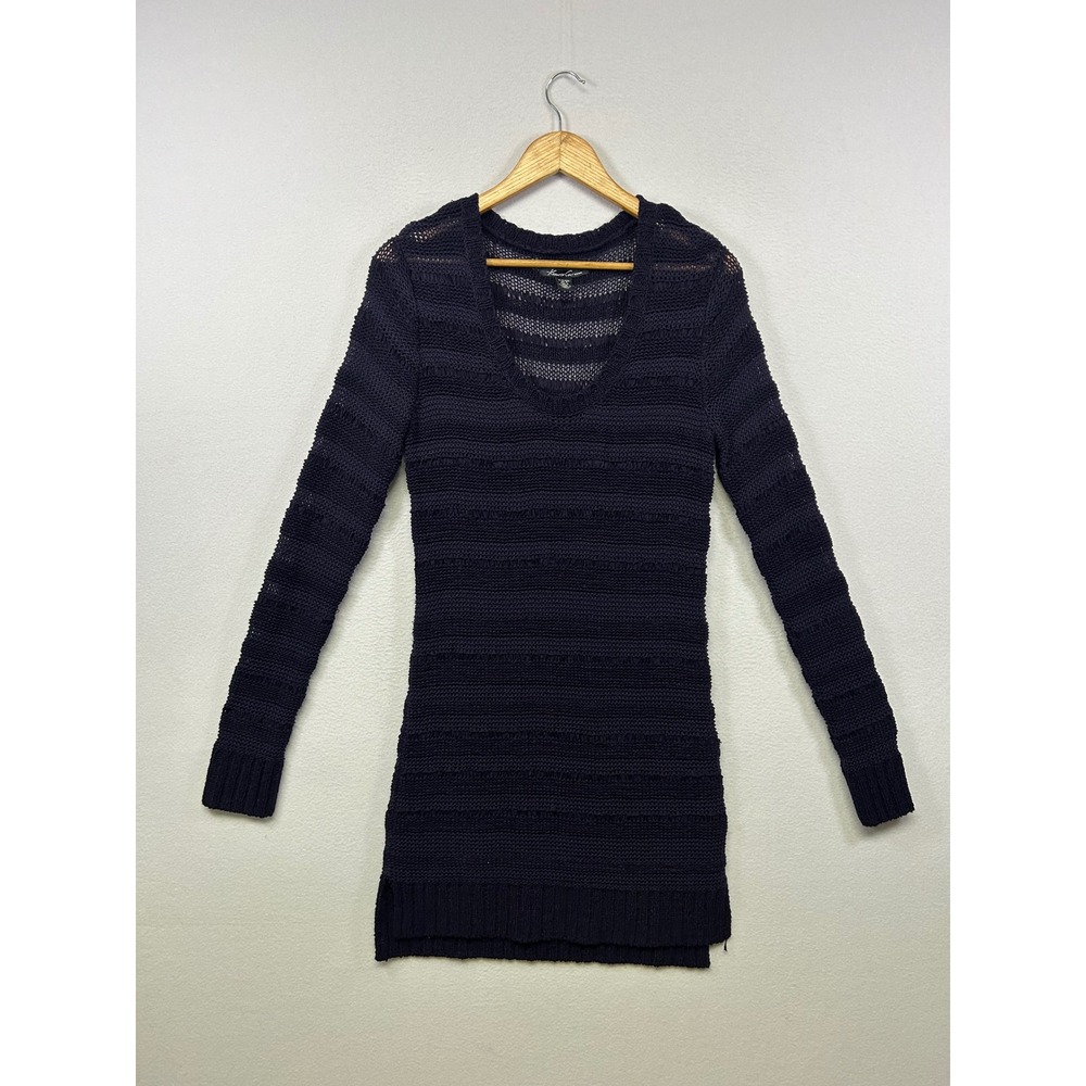 Whimsigoth Kenneth Cole Women Sm Purple Open Knit Striped V-Neck Sweater Dress